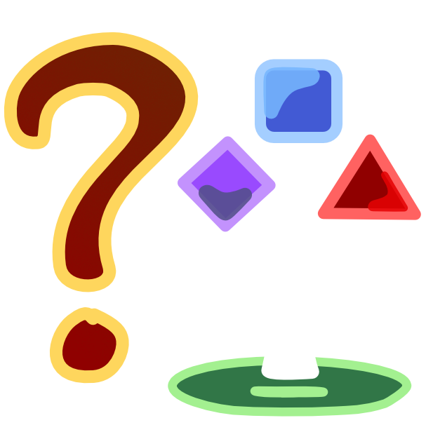 a brown question mark with a yellow outline sits next to a white arrow pointing up. Below the arrow is a green ellipse with a shadow in the center of it cast by the base of the arrow. Above the arrow are 3 shapes, a purple diamond, a blue square, and a red triangle. The image has light line art.